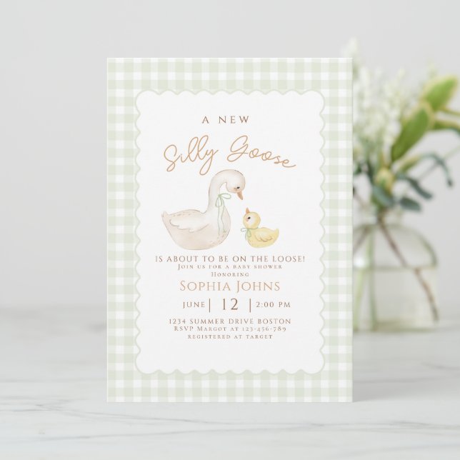 Invitación Género del pato de Gingham Neutra Baby Shower (Anverso de pie)