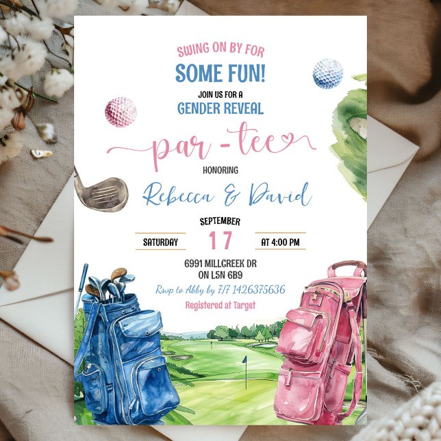Invitación Género del tema del golf azul y rosado Revelación  (Subido por el creador)