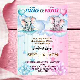 Invitación género español revela Nino o Nina con elefantes