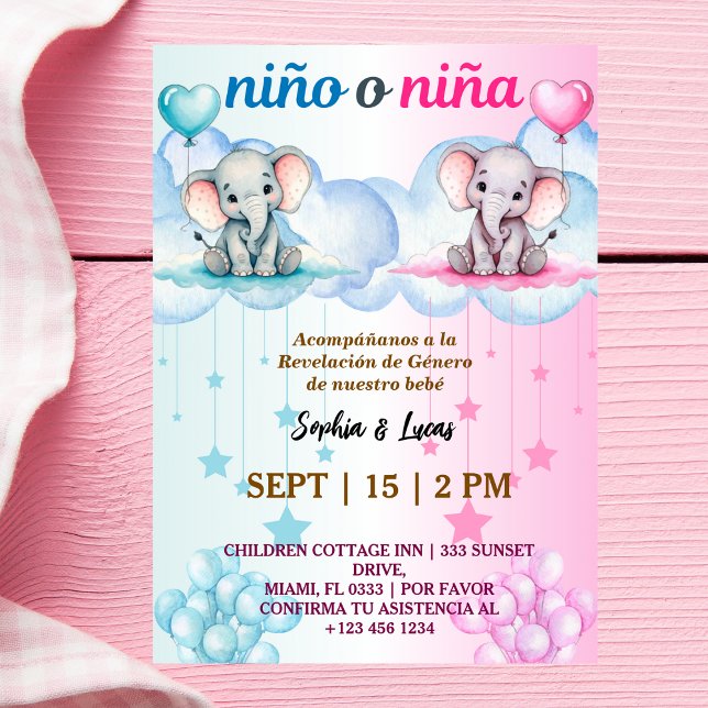 Invitación género español revela Nino o Nina con elefantes (Subido por el creador)