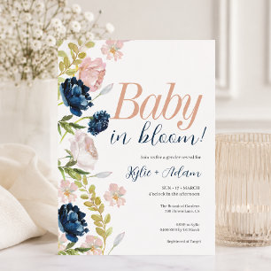 Invitación Género floral rosa y naval revelan Baby Shower