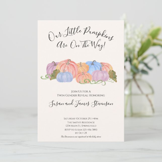 Invitación Género gemelo otoño revela pequeño tema de calabaz (Anverso de pie)
