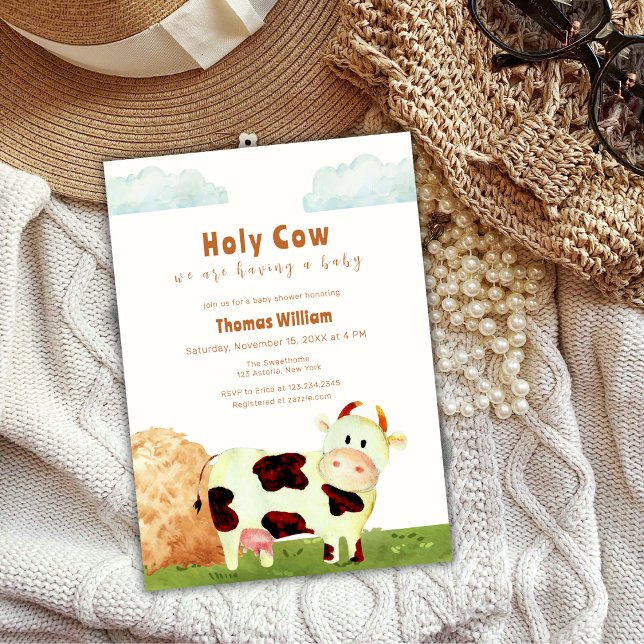 Invitación Género Neutral Animal de la Granja de Vaca Santa B (Gender Neutral Holy Cow Farm Animal Baby Shower Invitation)