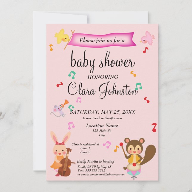 Invitación Género Neutral Animales Musicales Rosa Baby Shower (Anverso)