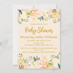 Invitación Género Neutral Baby Shower Marfil Gold Floral