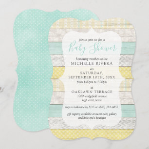 Invitación Género Neutral Baby Shower Mint Yellow Rustic Wood
