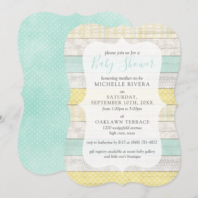 Invitación Género Neutral Baby Shower Mint Yellow Rustic Wood (Anverso / Reverso)