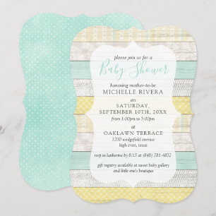 Invitación Género Neutral Baby Shower Mint Yellow Rustic Wood