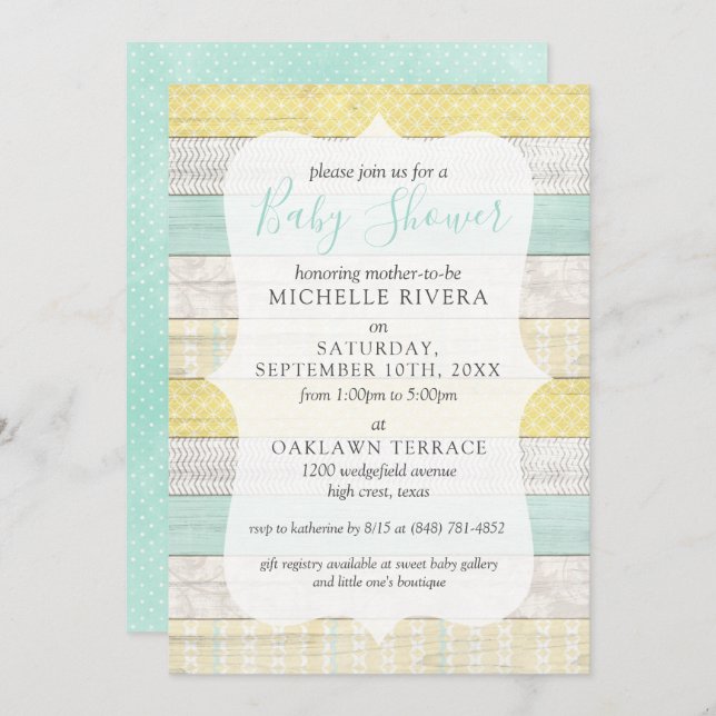 Invitación Género Neutral Baby Shower Mint Yellow Rustic Wood (Anverso / Reverso)
