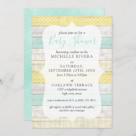 Invitación Género Neutral Baby Shower Mint Yellow Rustic Wood