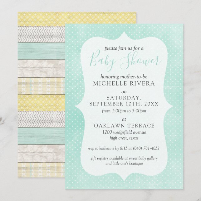 Invitación Género Neutral Baby Shower Mint Yellow Rustic Wood (Anverso / Reverso)