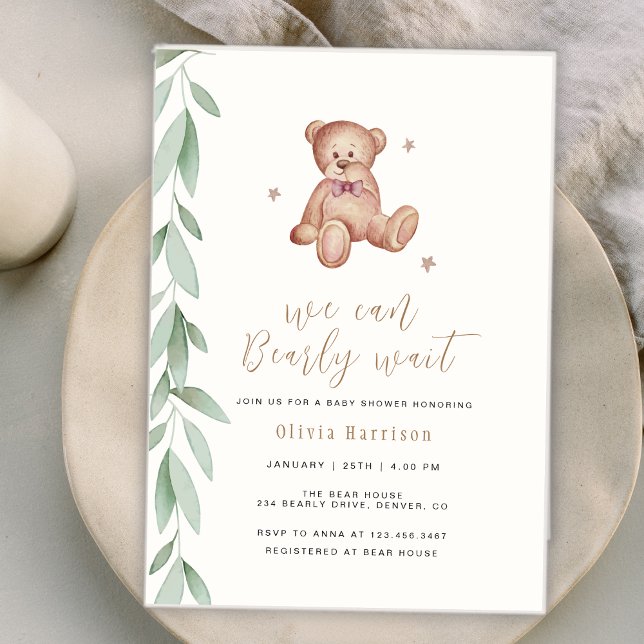 Invitación Género Neutral Boho Greenerenerenery Podemos Esper (Gender Neutral Boho Greenery We Can Bearly Wait Invitation)