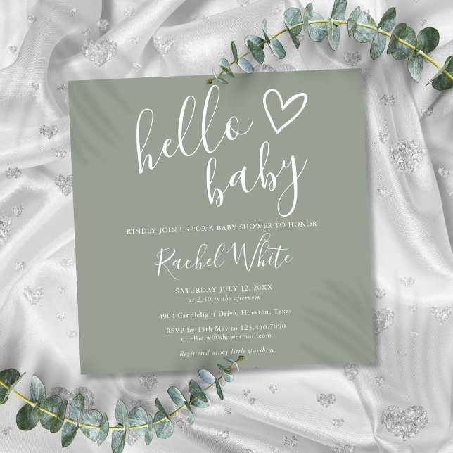 Invitación Género Neutral Boho Sage Green Hello Baby Shower (Gender Neutral Boho Sage Green Hello Baby Shower Invitation)