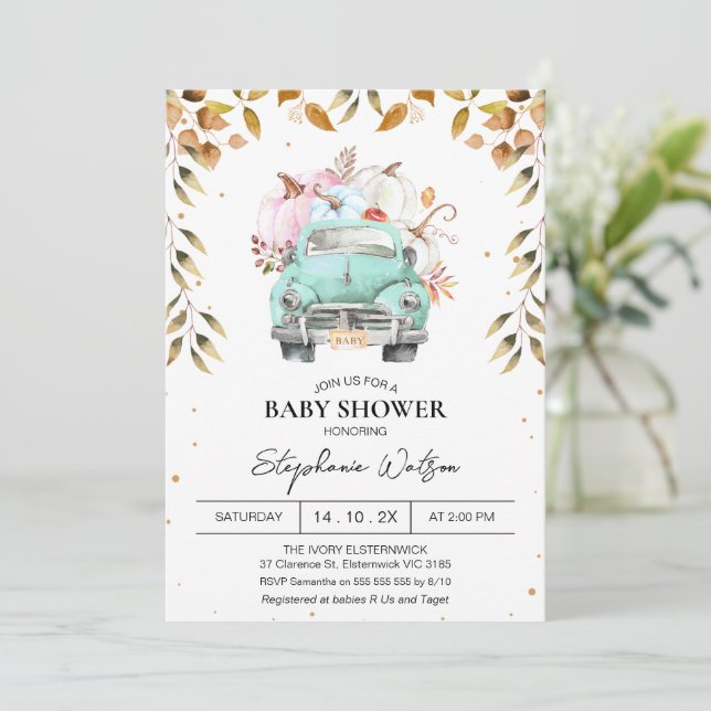 Invitación Género Neutral Calabaza Camión Foliage baby Shower (Anverso de pie)