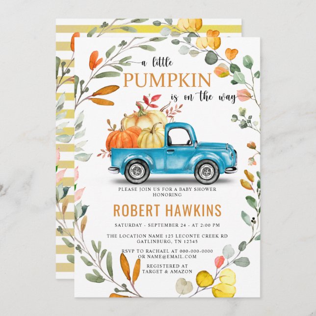 Invitación Género Neutral Calabaza Eucalyptus Baby Shower (Anverso / Reverso)