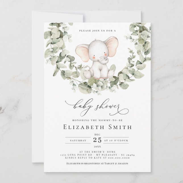 Invitación Género Neutral Eucalyptus Elephant Baby Shower (Anverso)