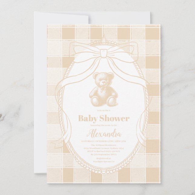 Invitación Género Neutral Gingham Teddy Bear Baby Shower (Anverso)