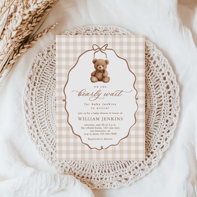 Invitación Género Neutral Gingham Teddy Bear Baby Shower (Subido por el creador)