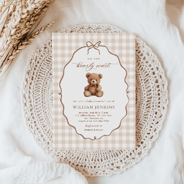 Invitación Género Neutral Gingham Teddy Bear Baby Shower