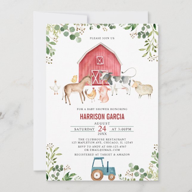 Invitación Género Neutral Granja Barnyard Baby Shower (Anverso)