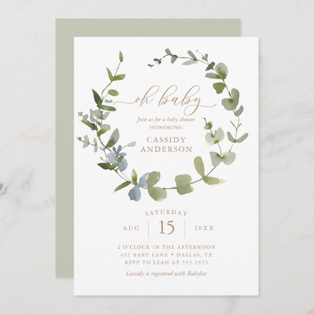 Invitación Género Neutral Oh Bebé Eucalyptus Baby Shower Invi (Anverso / Reverso)