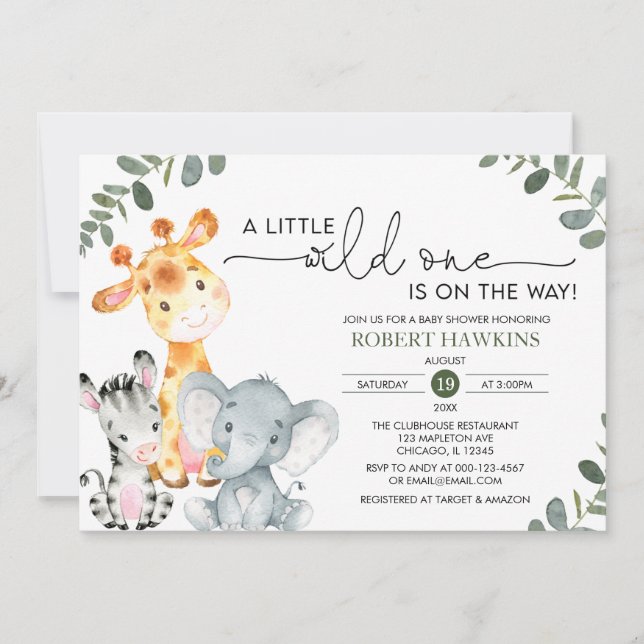 Invitación Género Neutral Safari Animal Wild One Baby Shower (Anverso)