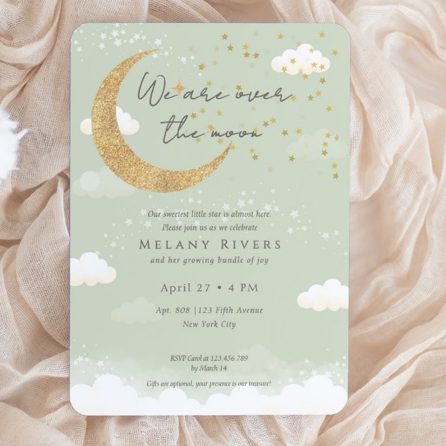 Invitación Género Neutral Sobre la Luna Ducha de Bebé Verde S (Over the Moon Gender Neutral Sage Baby Shower Invitation)