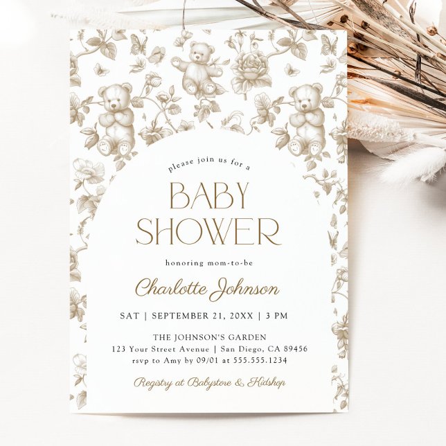 Invitación Género Neutral Teddy Bear Toile de Jouy (Gender Neutral Teddy Bear Toile de Jouy Invitation)