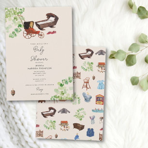 Invitación Género Neutral Vintage Juguetes Baby Shower