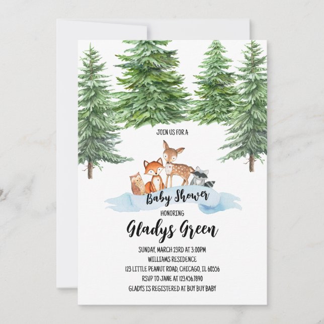 Invitación Género Neutral Winter Woodland Baby Shower (Anverso)