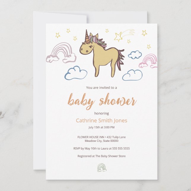 Invitación Género neutro de Baby Shower de Unicorn (Anverso)