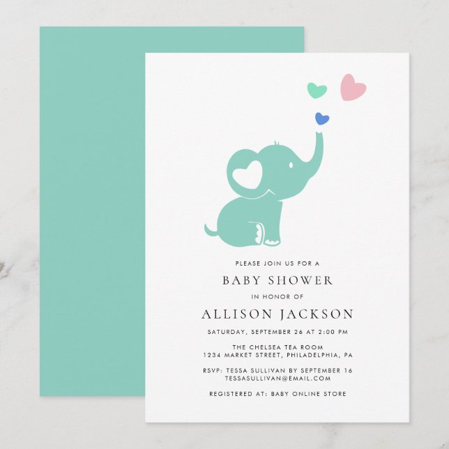 Invitación Género neutro de elefante verde de la Casa de la M (Anverso / Reverso)