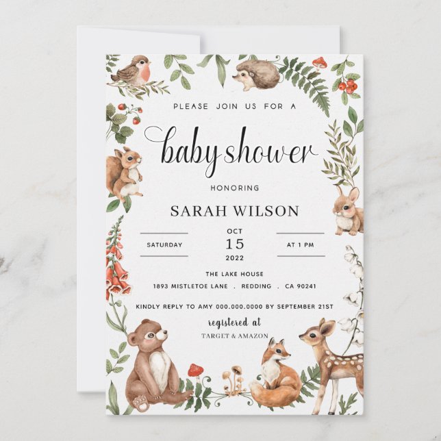 Invitación Género neutro de Woodland Baby Shower (Anverso)