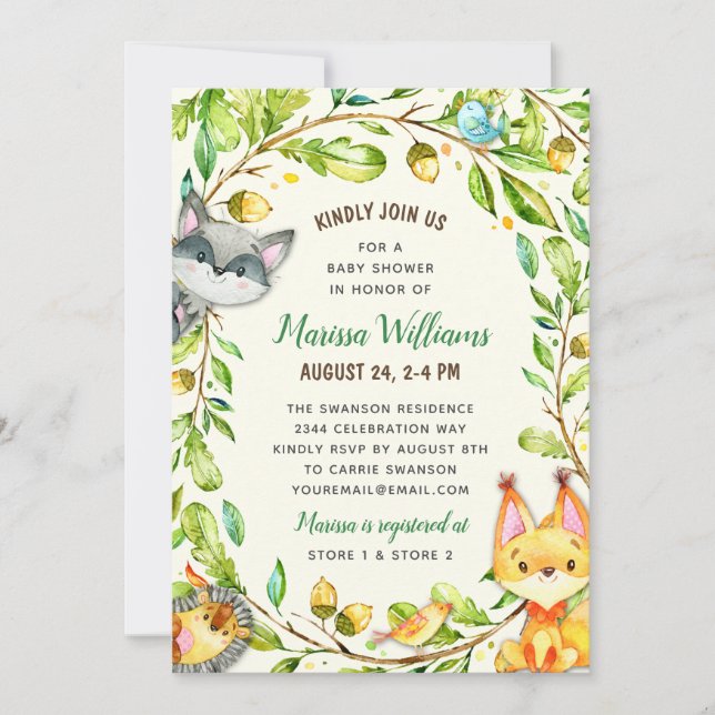 Invitación Género neutro en Woodland Baby Shower (Anverso)