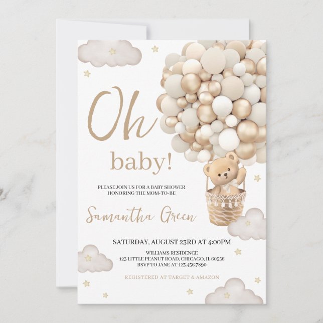 Invitación Género neutro Oh Baby Bear Baby Shower (Anverso)