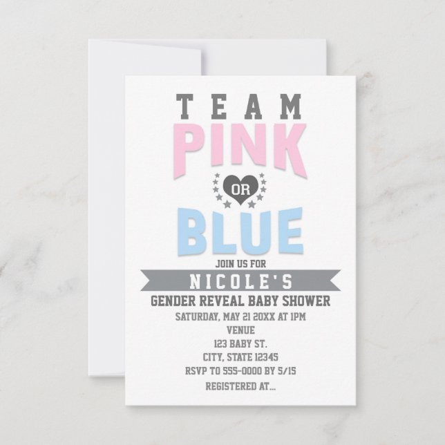 Invitación Género PINK o AZUL del equipo revelan Baby Shower (Anverso)