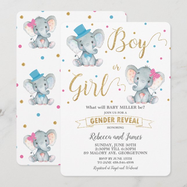 Invitación Género revelan Elefante Niño o Niña Oro (Anverso / Reverso)