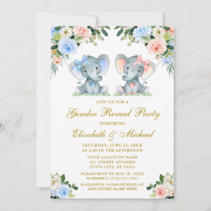 Invitación Género revelan elefantes bebés oro floral rosa azu