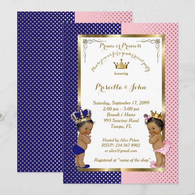 Invitación Género Revelar Baby Shower, azul, rosa, oro (Anverso / Reverso)
