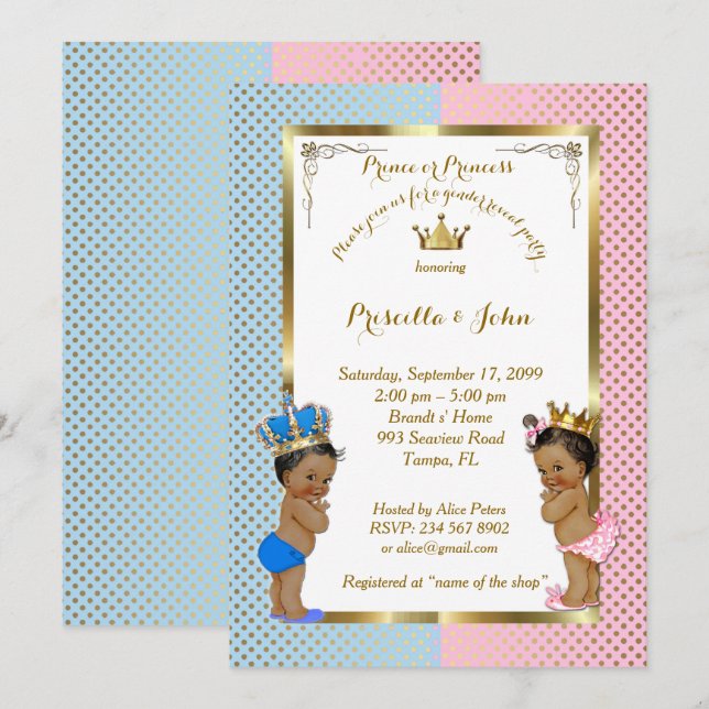Invitación Género Revelar Baby Shower, azul, rosa, oro 2 (Anverso / Reverso)