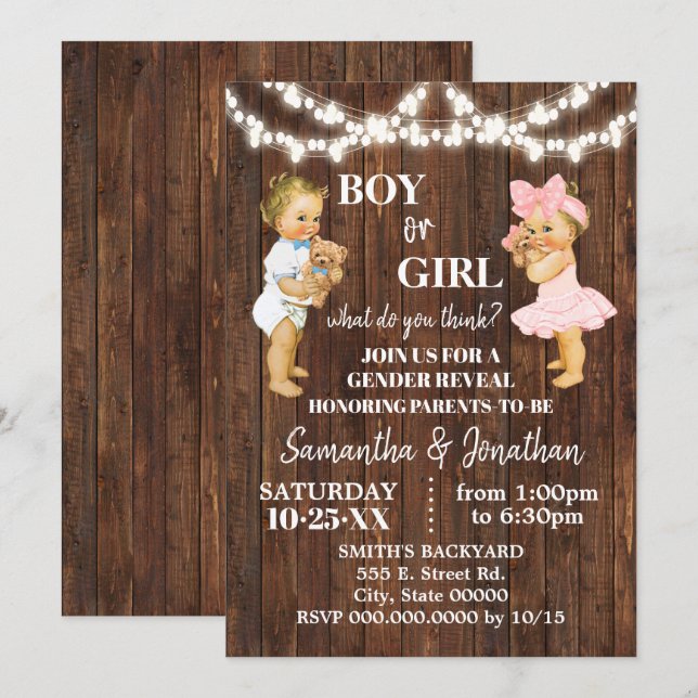 Invitación Género Revelar Baby Shower de niño o Chica (Anverso / Reverso)