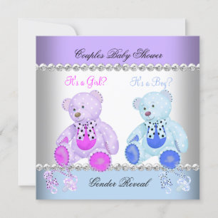 Invitación Género revelar Baby Shower Púrpura Azul Teddy Bear
