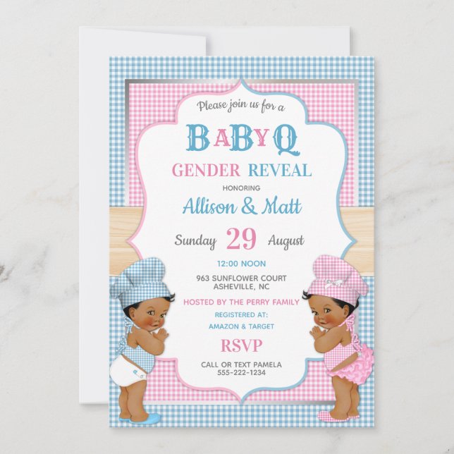 Invitación Género Revelar Bebé Q BBQ Azul Rosa Gingham (Anverso)