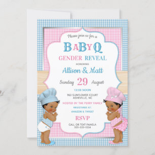 Invitación Género Revelar Bebé Q BBQ Azul Rosa Gingham