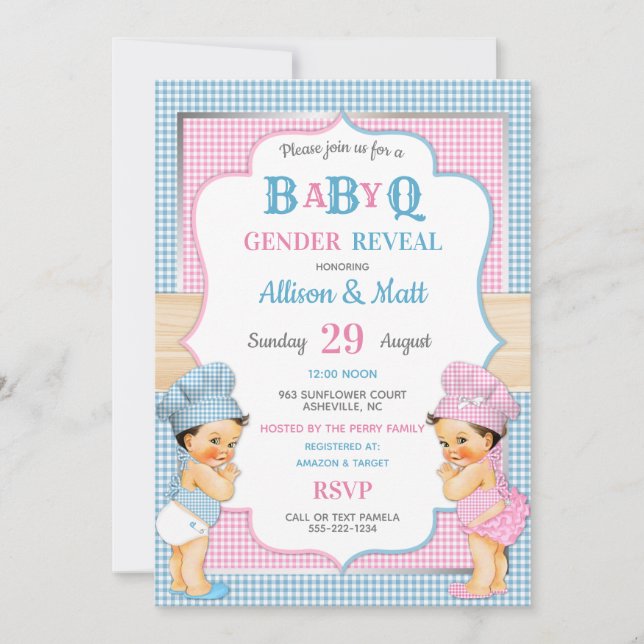 Invitación Género Revelar Bebé Q BBQ Azul Rosa Gingham (Anverso)