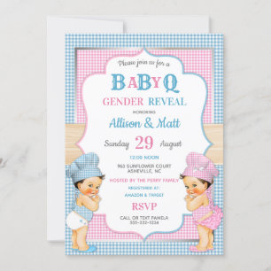 Invitación Género Revelar Bebé Q BBQ Azul Rosa Gingham