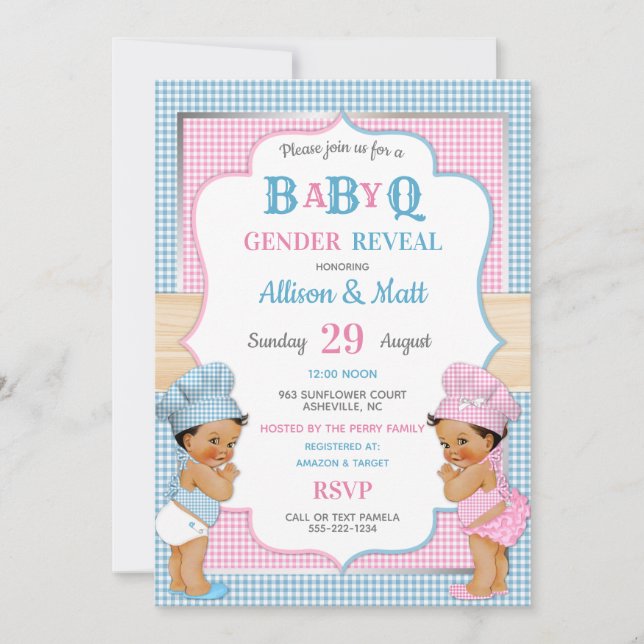 Invitación Género Revelar Bebé Q BBQ Azul Rosa Gingham (Anverso)