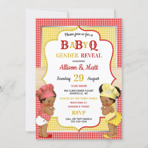 Invitación Género Revelar Bebé Q BBQ Rojo Amarillo Gingham