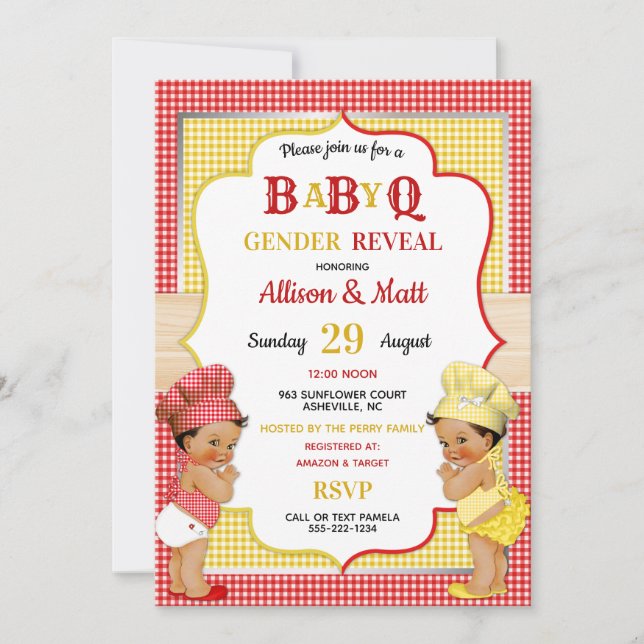 Invitación Género Revelar Bebé Q BBQ Rojo Amarillo Gingham (Anverso)
