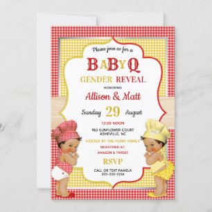 Invitación Género Revelar Bebé Q BBQ Rojo Amarillo Gingham